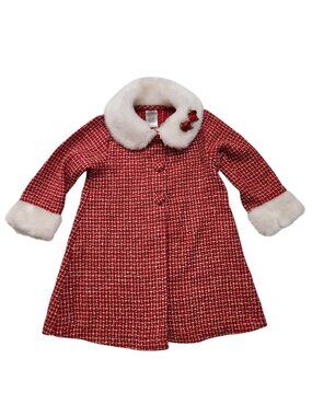 Girls 24M Red White Boucle Dressy Overcoat Holiday Jacket Faux Fur Collar